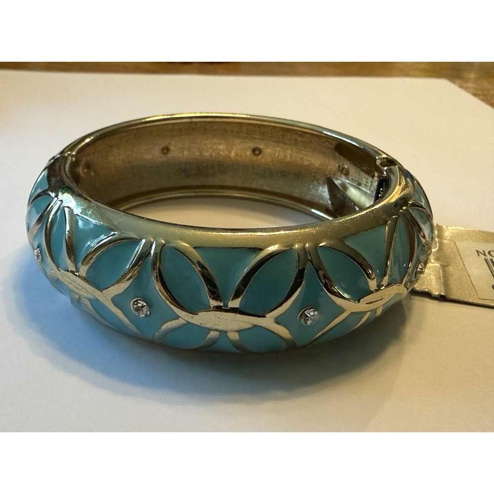 NWT NORDSTROM ENAMEL CLAMP BANGLE BRACELET  Teal & gold Tone Sequin RHINESTONES‎